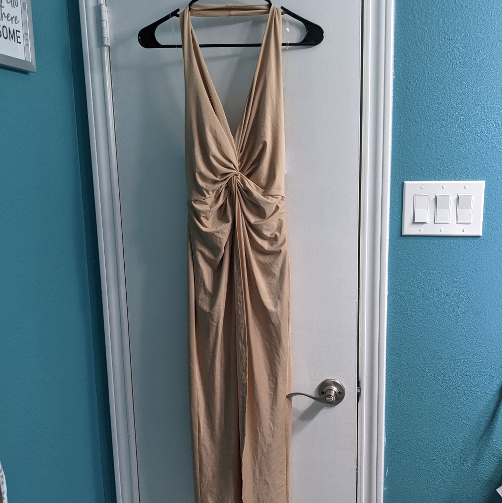 Nude high-low halter dress with knot front